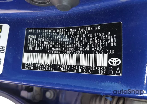 2017 Toyota Corolla Se z USA, uszkodzony, nr VIN 5YFBURHE5HP730943